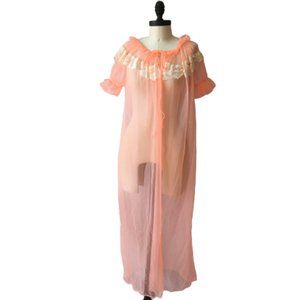 Vintage Sheer Creamsicle Sherbet Lace Peignoir Nightgown Coquette Jacket Duster